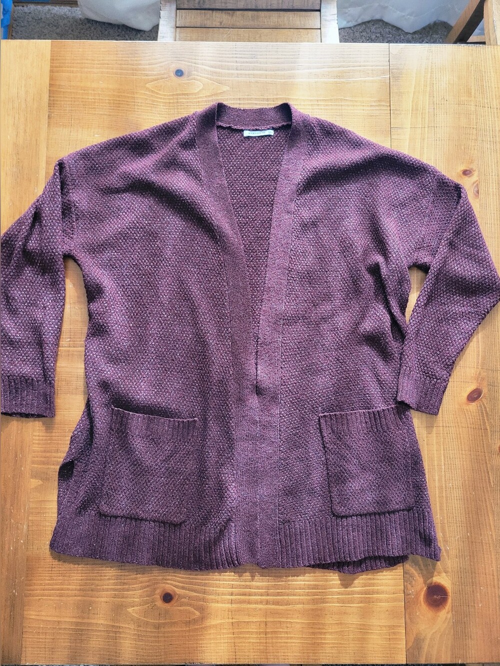 Staccato Open Front Cardigan With Pockets 3/4 Sleeve Size L Maroon Burgundy Wine